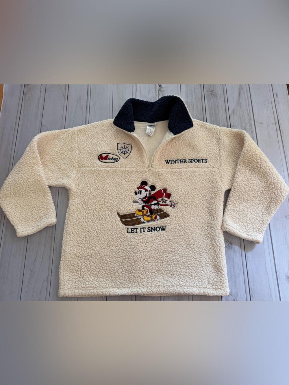 Mickey Mouse cream Let it snow 1/4 zip Sherpa embroidered fleece medium